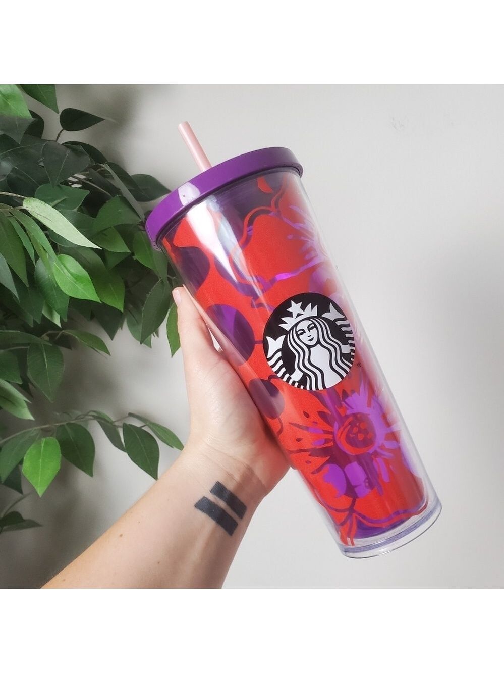 Starbucks Tumbler Red Purple Floral 24 oz Venti 2014